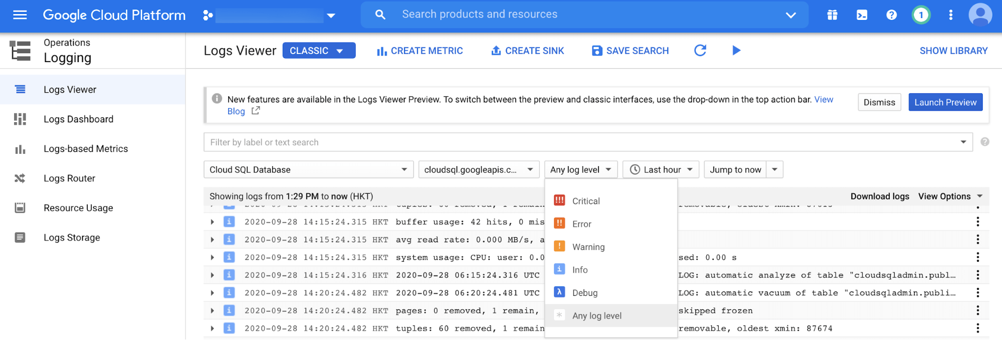 Google Cloud SQL screenshot